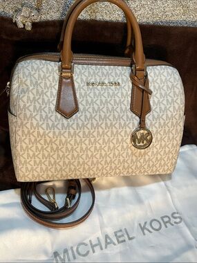 Michael Kors Cream MK Logo Satchel with Brown Leather Trim
